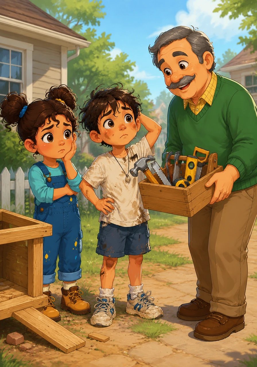 Just as they were about to give up, a neighbor, Mr. Henderson, walked by and noticed their predicament. He smiled kindly and offered to lend them real tools and show them some proper building techniques.