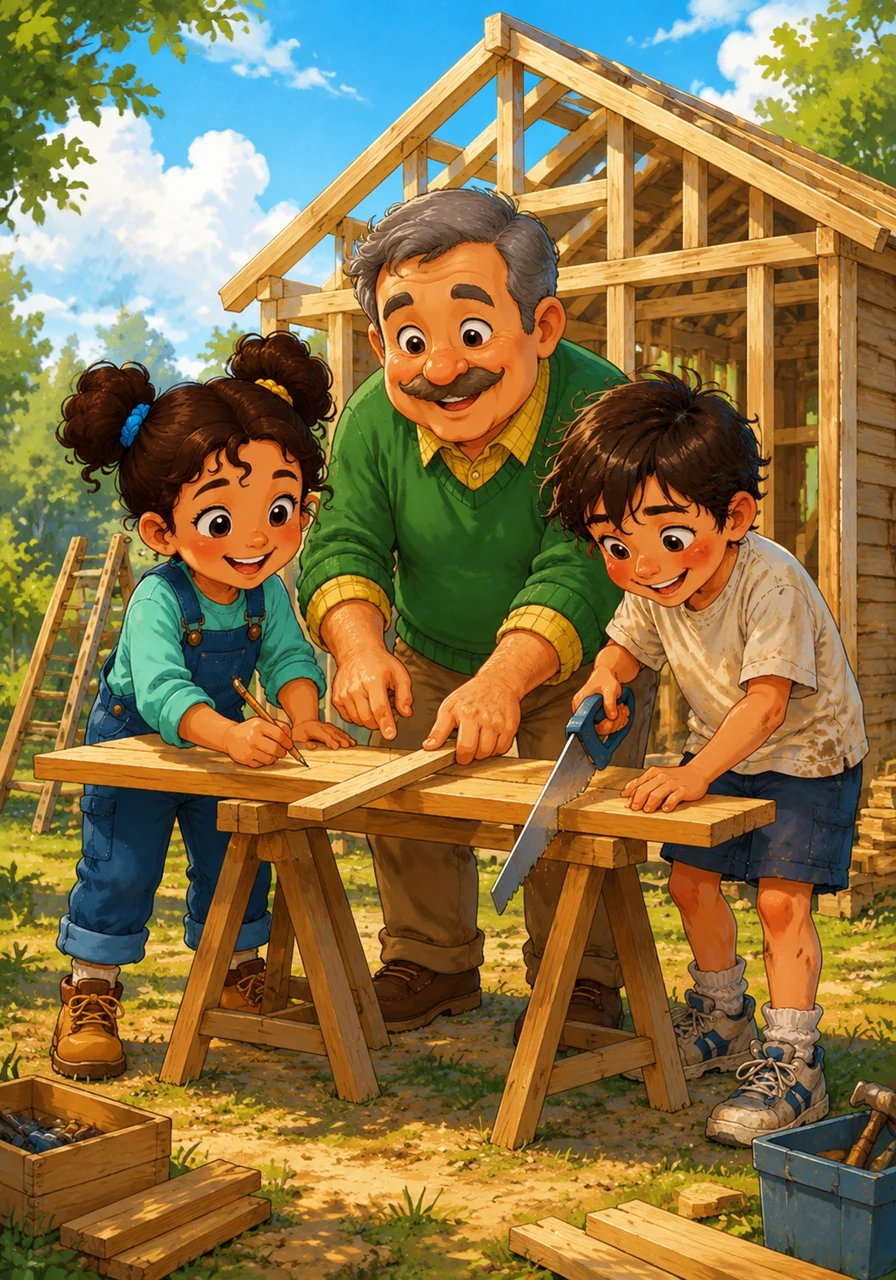 The next sunny morning, working alongside Mr. Henderson, the kids learned how to measure and cut planks accurately. The building began to rise quickly and steadily as they all worked together.