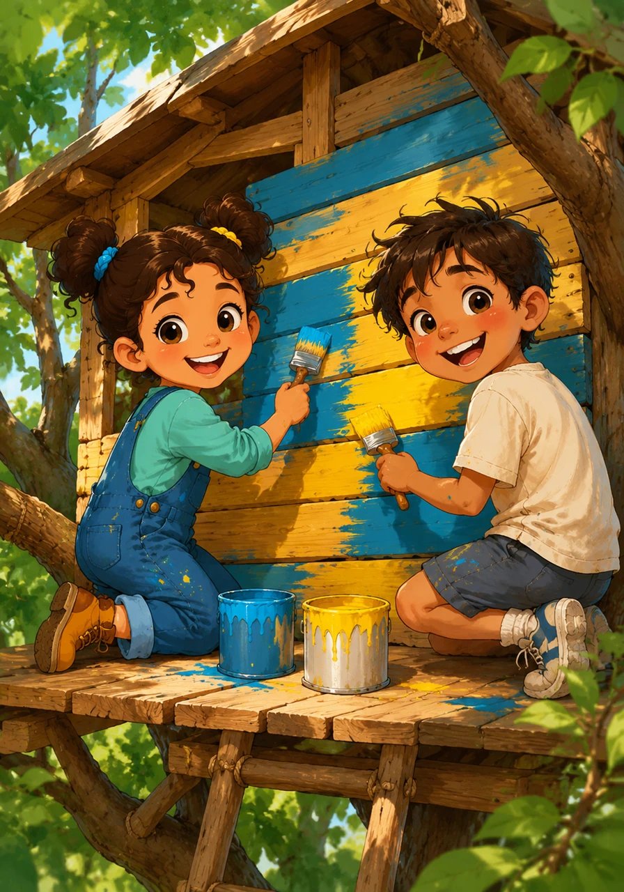 Maya and Leo took great pride in personalizing their treehouse. Together, they dipped brushes into pots of vibrant blue and sunny yellow paint, transforming the wooden structure with cheerful colors.
