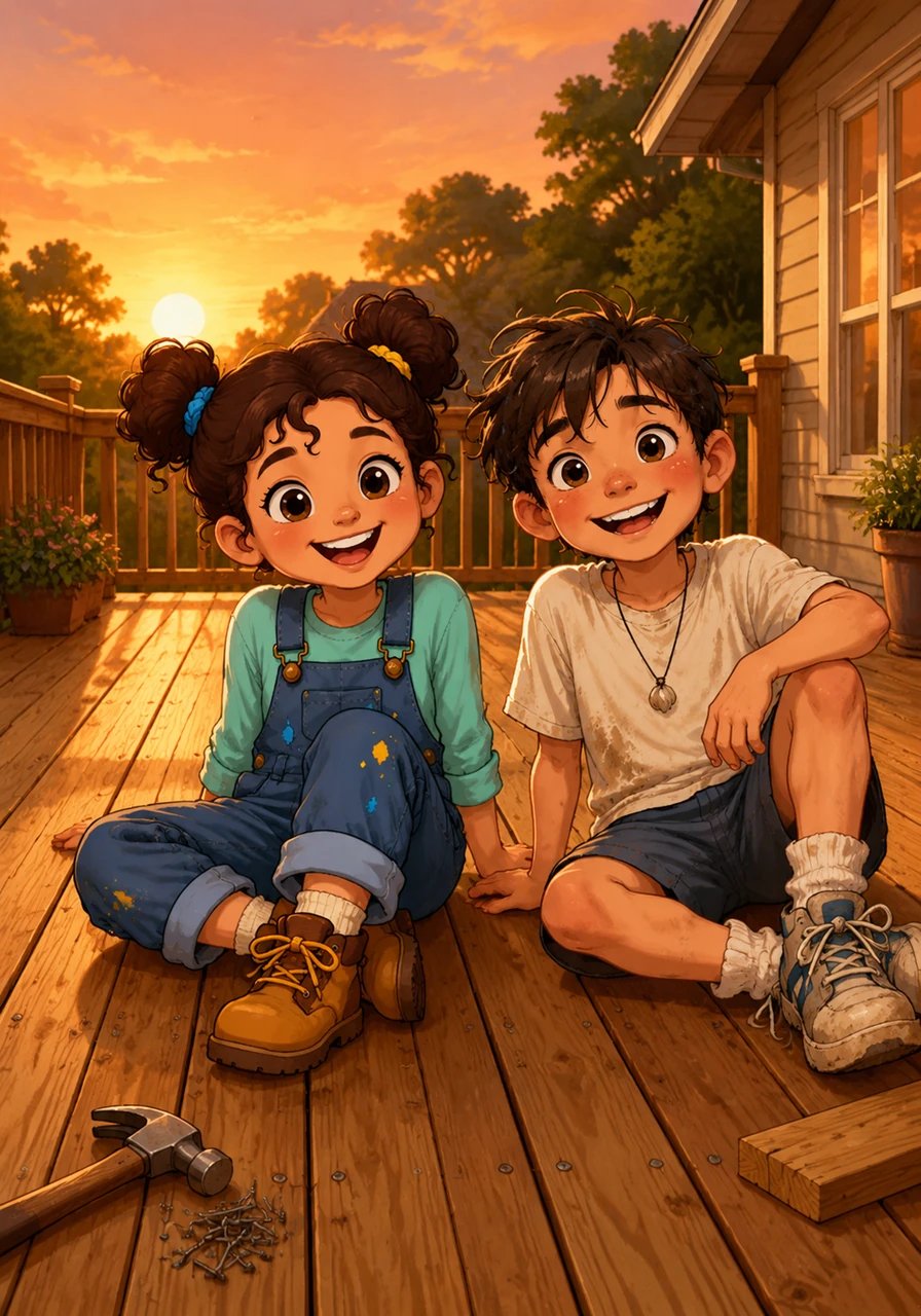 The final planks were hammered into place as the sun began to set, casting warm, golden light. Maya and Leo sat on their newly finished deck, exhausted but filled with a profound sense of accomplishment.