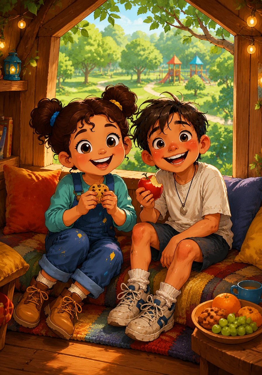 Safe and snug in their complete, colorful treehouse, Maya and Leo shared a well-deserved snack. Looking out over the park through their decorated window, they knew that their perseverance had made this victory feel incredibly special.