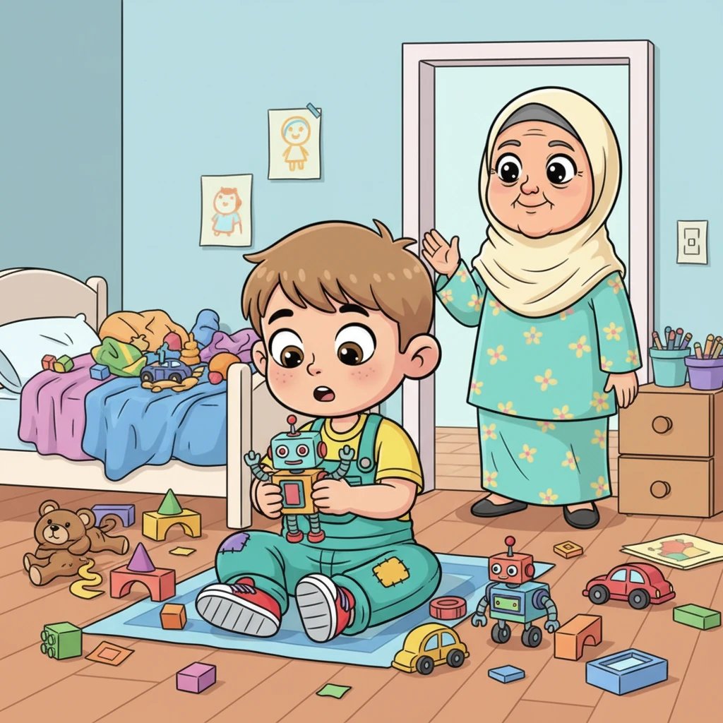 Rian bermain riang dengan robot-robotnya di tengah kamar yang berantakan, sementara ibunya tersenyum lembut dari pintu, mencoba memanggilnya untuk makan siang. Mata Rian yang besar dan bersemangat hanya terpaku pada mainannya, seolah dunia lain tidak ada. Pakaiannya yang berwarna cerah kontras dengan tumpukan mainan di sekitarnya.