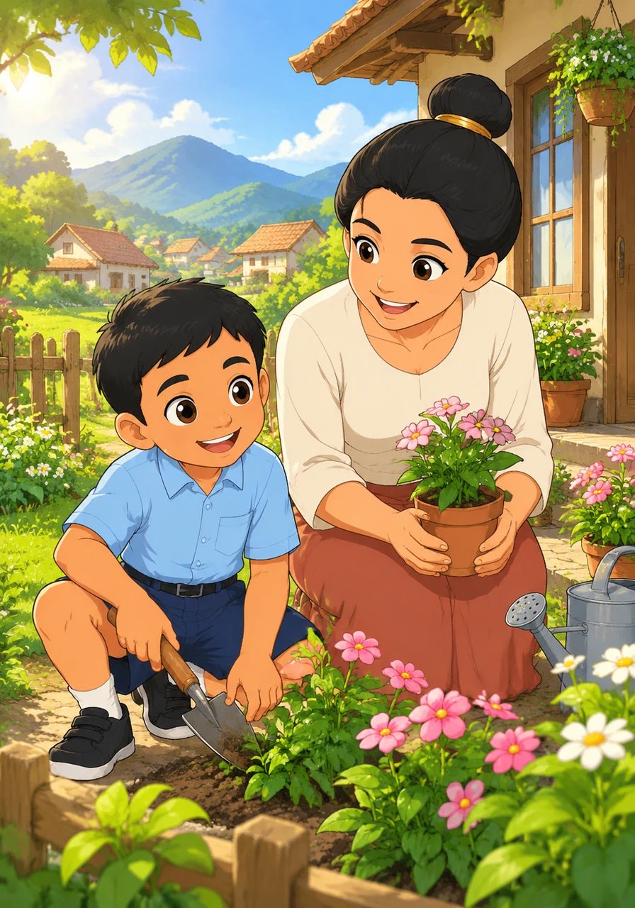 In a picturesque, sunlit village surrounded by green hills, a bright young boy named Bima lives with his loving mother and father. Every morning, Bima wakes up early with a cheerful smile, ready to help his mother tend the garden and prepare breakfast before getting ready for school.