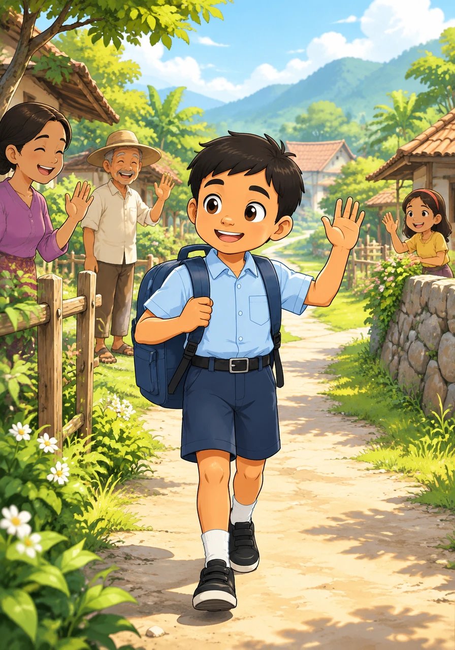 With his heavy backpack slung over his shoulders, Bima walks down the winding village trail toward school. He cheerfully waves to his neighbors along the path, his heart full of enthusiasm for the exciting lessons that await him.