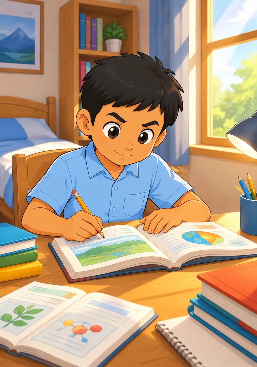 Every afternoon after returning home, Bima sits quietly at his wooden study desk to review his lessons and read colorful books. Whenever he encounters a difficult topic, he never gives up, instead asking questions until he completely understands.