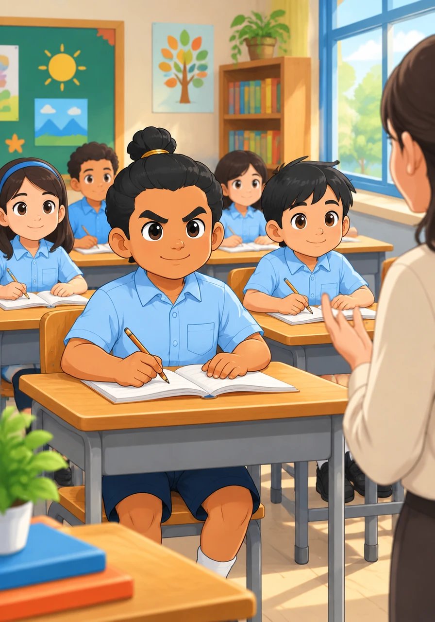 Inside the brightly decorated school classroom, Bima sits near the front, listening intently to every word the teacher says. He takes neat notes in his notebook and respects all of his classmates, always eager to absorb fresh knowledge.