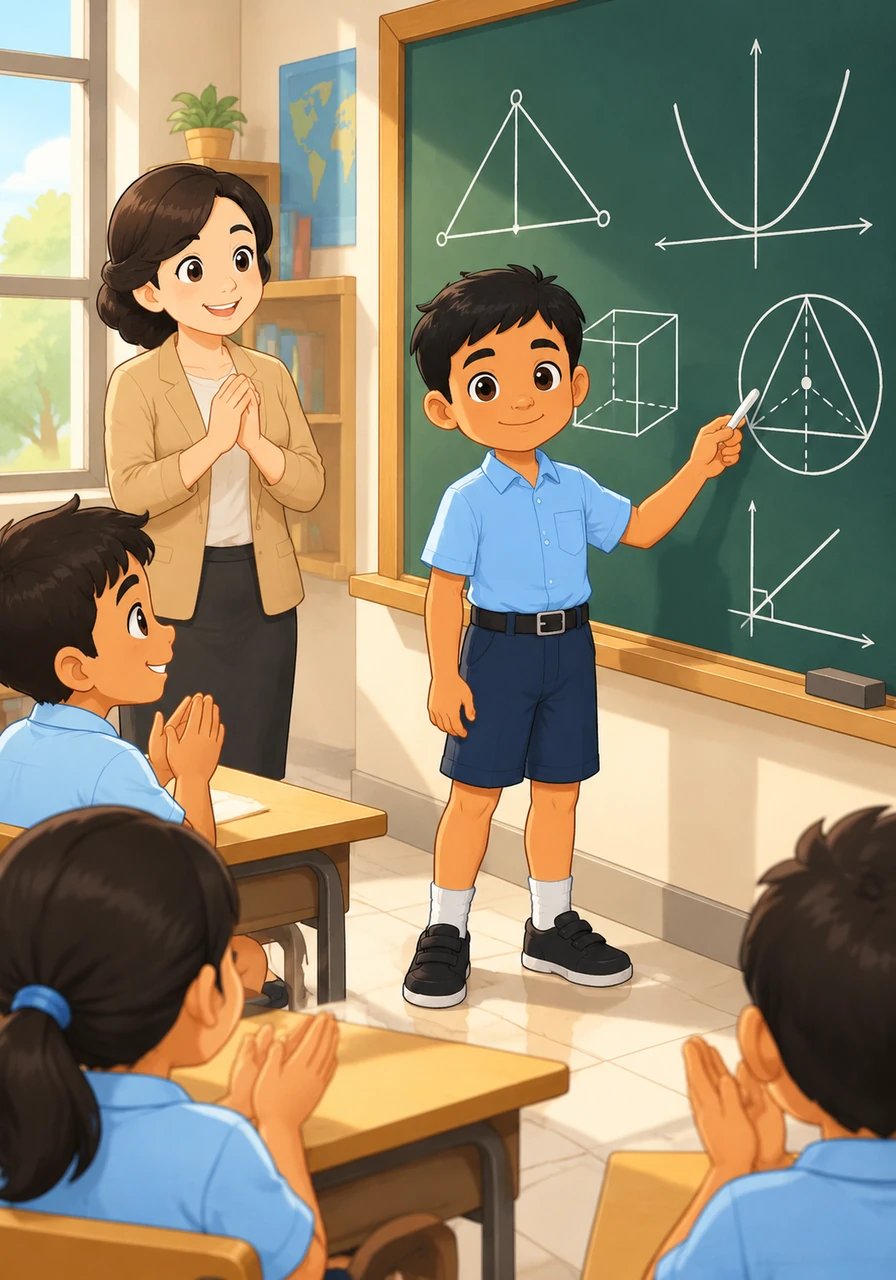 Bima steps up to the front of the classroom and smoothly solves the complex math equation on the board. The teacher smiles warmly at his accomplishment, and his classmates look on with admiration.