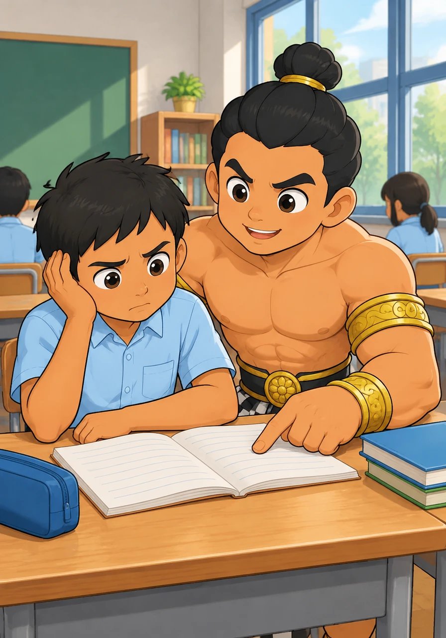 During break time, Bima notices his classmate Andi looking frustrated over a difficult math assignment. Bima sits beside Andi, patiently explaining each step with kindness, reminding him that learning is a fun journey they can share together.