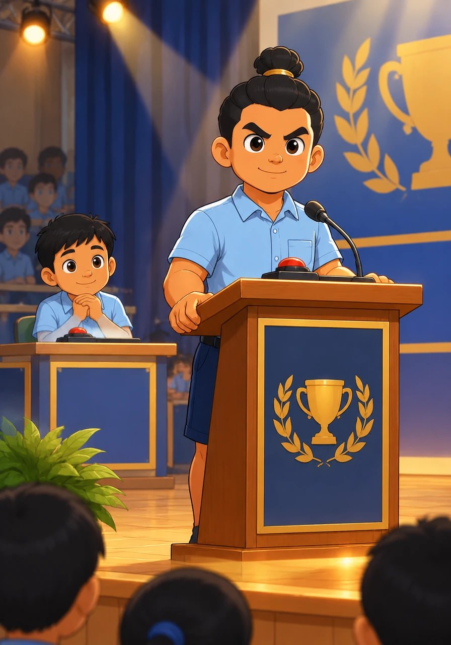 Soon, the school announces a grand quiz competition, and Bima is chosen to represent his class. After days of diligent preparation, Bima stands calmly at the stage podium, answering every tricky question with focus and clarity.