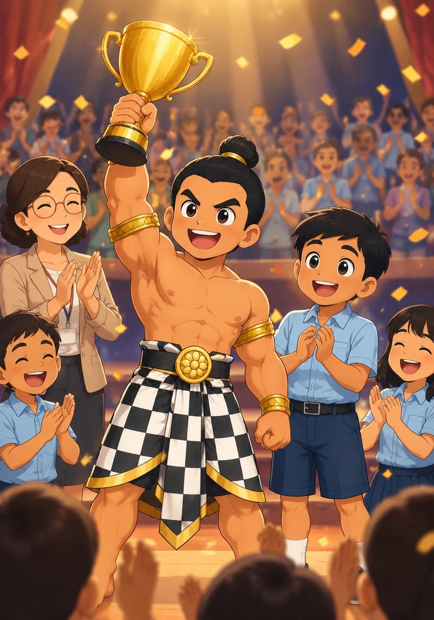 The auditorium erupts in cheers as the judge announces Bima's team as the first-place champions. Bima joyfully lifts the shiny golden trophy into the air as his teacher and friends applaud enthusiastically.