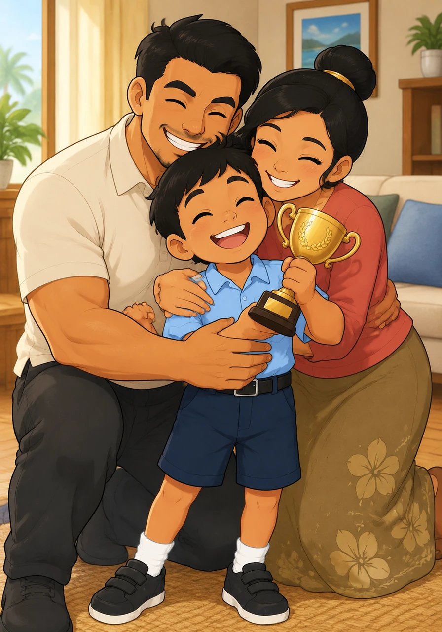 Bima rushes home to proudly show the shiny trophy to his delighted parents. As his father and mother hug him tightly, Bima promises to remain humble, work hard, and always use his intelligence to help those around him.