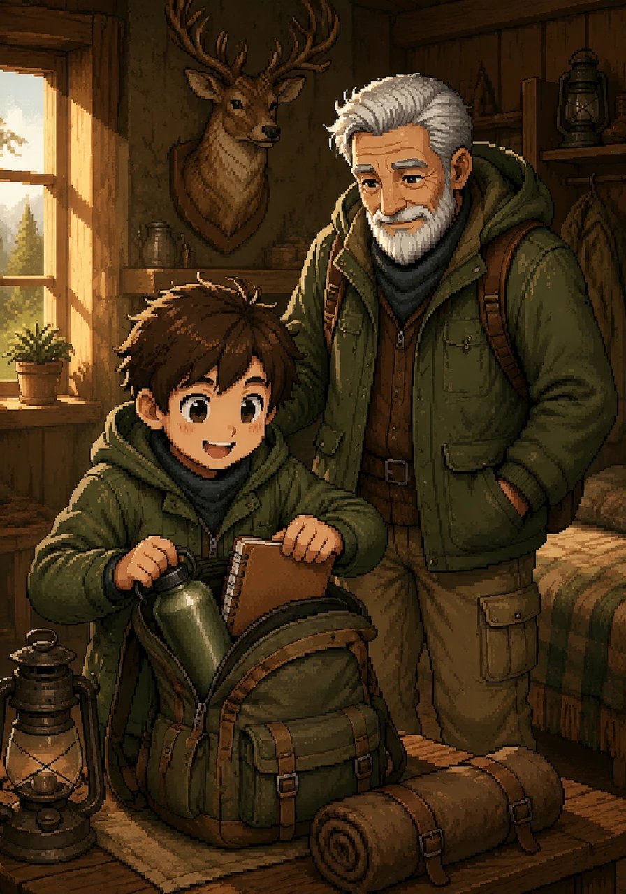 Leo spent the morning packing his small backpack with a bottle of water and a notebook, his heart racing with excitement. His grandfather, a wise man with a silver beard, had promised that today they would go on their first hunt together in the ancient woods.