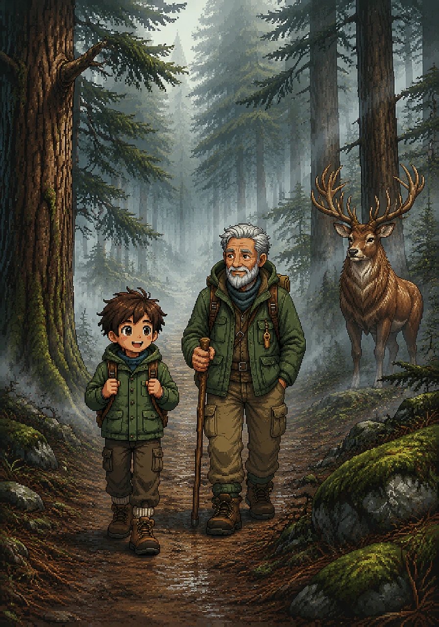 As they stepped onto the forest path, a thick morning mist swirled around the tall pine trees like a ghostly dance. The air was cool and filled with the scent of wet earth and pine needles, making everything feel mysterious and new.