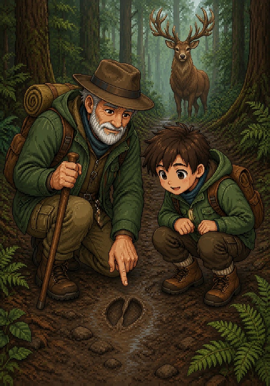 Grandfather knelt down by a muddy patch on the trail and pointed to a sharp, heart-shaped mark. He explained to Leo that this was the footprint of a deer, teaching him how to read the silent language of the forest floor.