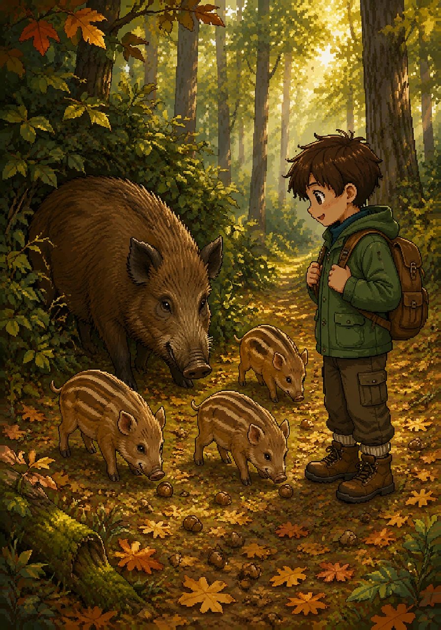 Suddenly, a family of wild boars emerged from the thicket, their snouts wiggling as they searched for acorns among the fallen leaves. Leo watched in awe as the mother boar guided her tiny, striped piglets across the sunlit clearing.