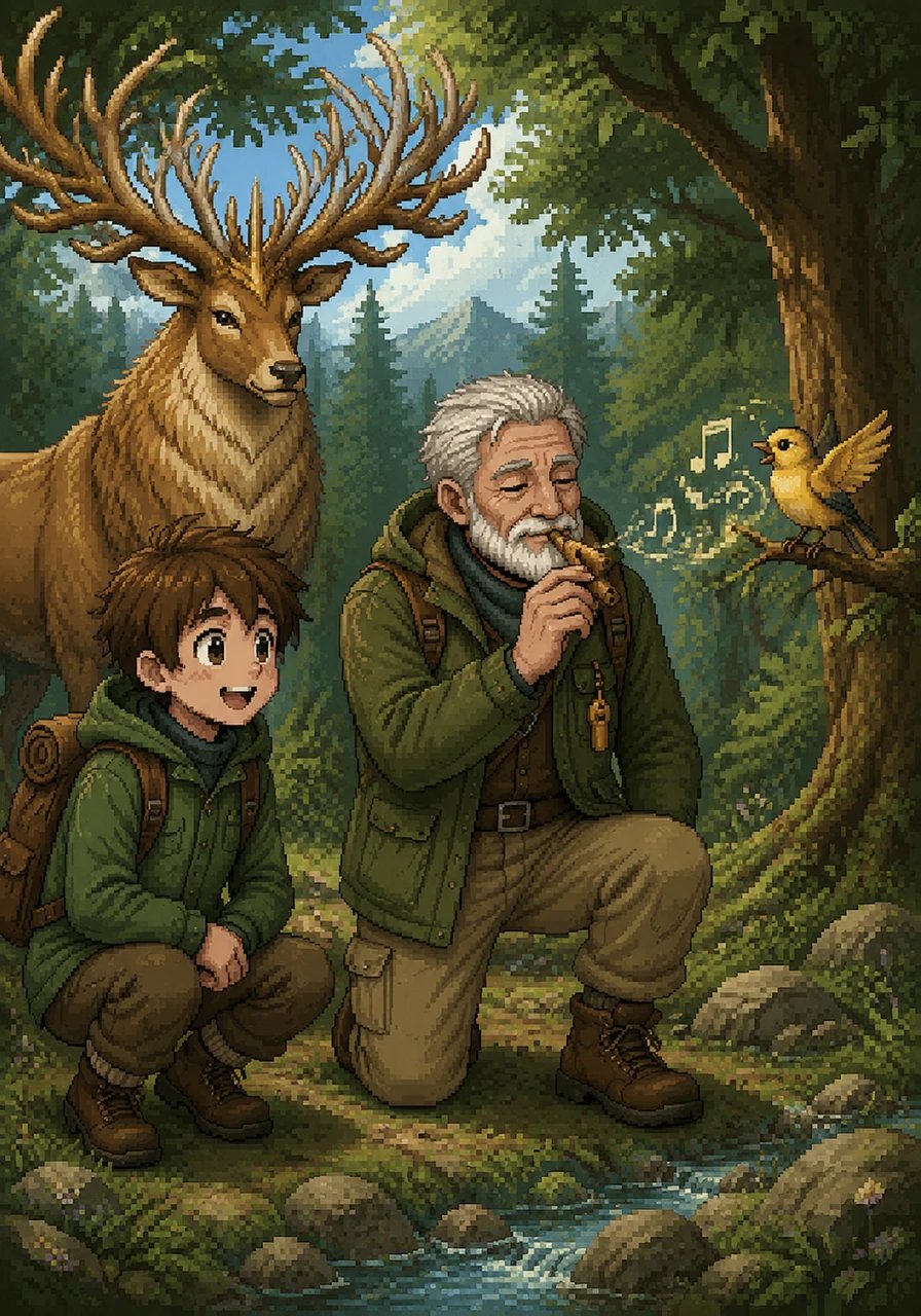 Grandfather took a small wooden whistle from his pocket and blew a gentle, trilling note that sounded exactly like a songbird. To Leo’s surprise, a bright yellow bird fluttered down to a nearby branch and sang a beautiful melody in return.