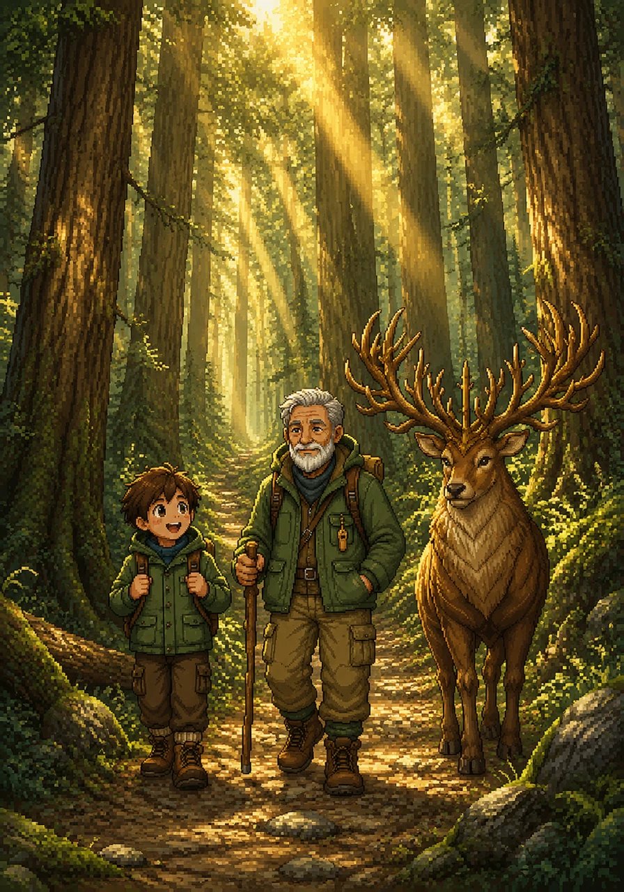 They followed a winding path deeper into the heart of the woods, where the trees grew so tall they seemed to touch the sky. The sunlight filtered through the leaves in long, golden rays, lighting up the forest like a grand cathedral.