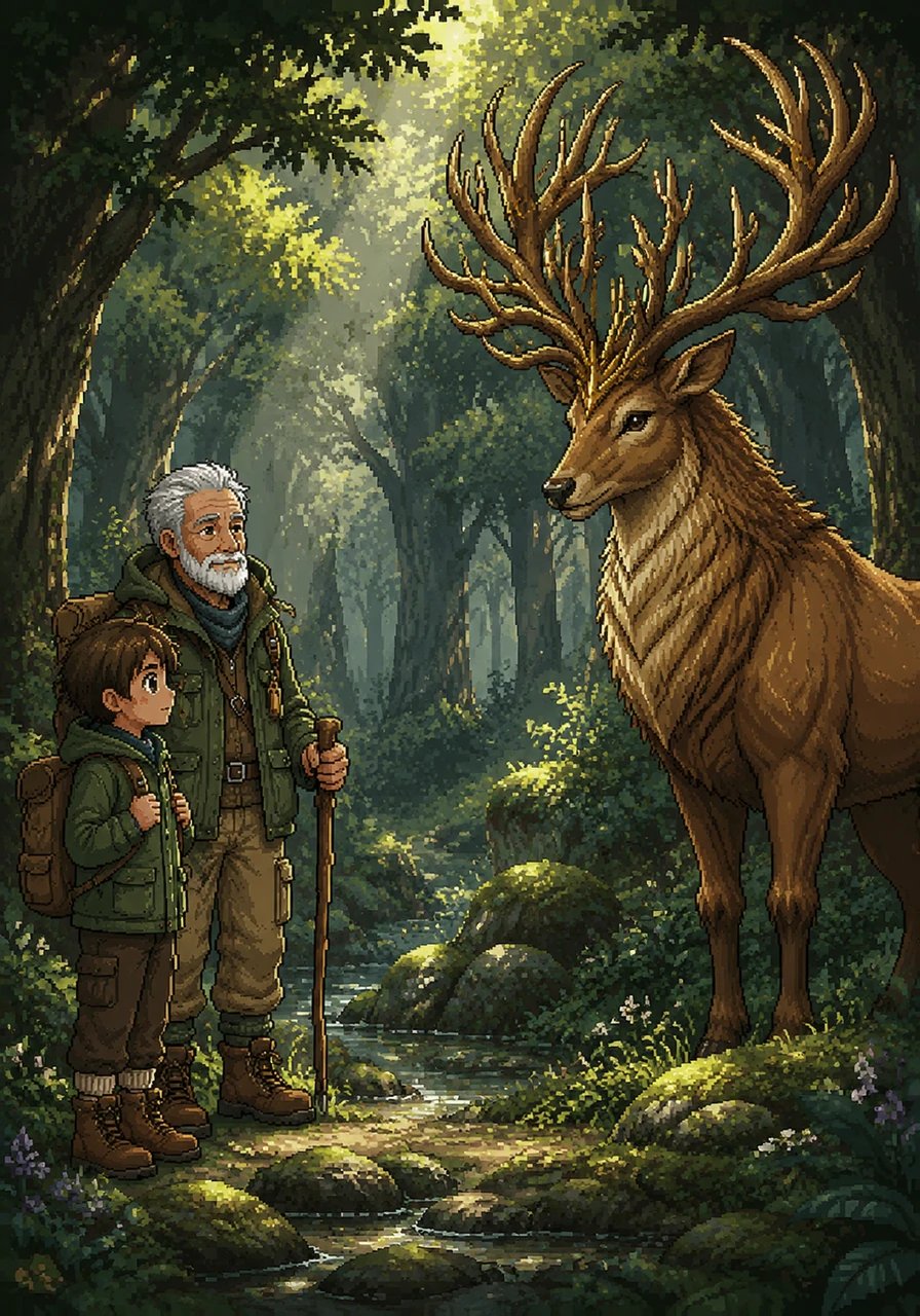 In a quiet, hidden glade, they finally saw him—a magnificent stag with antlers that looked like crown branches. The Great Stag stood perfectly still, his dark eyes meeting Leo's in a moment of pure, silent magic.
