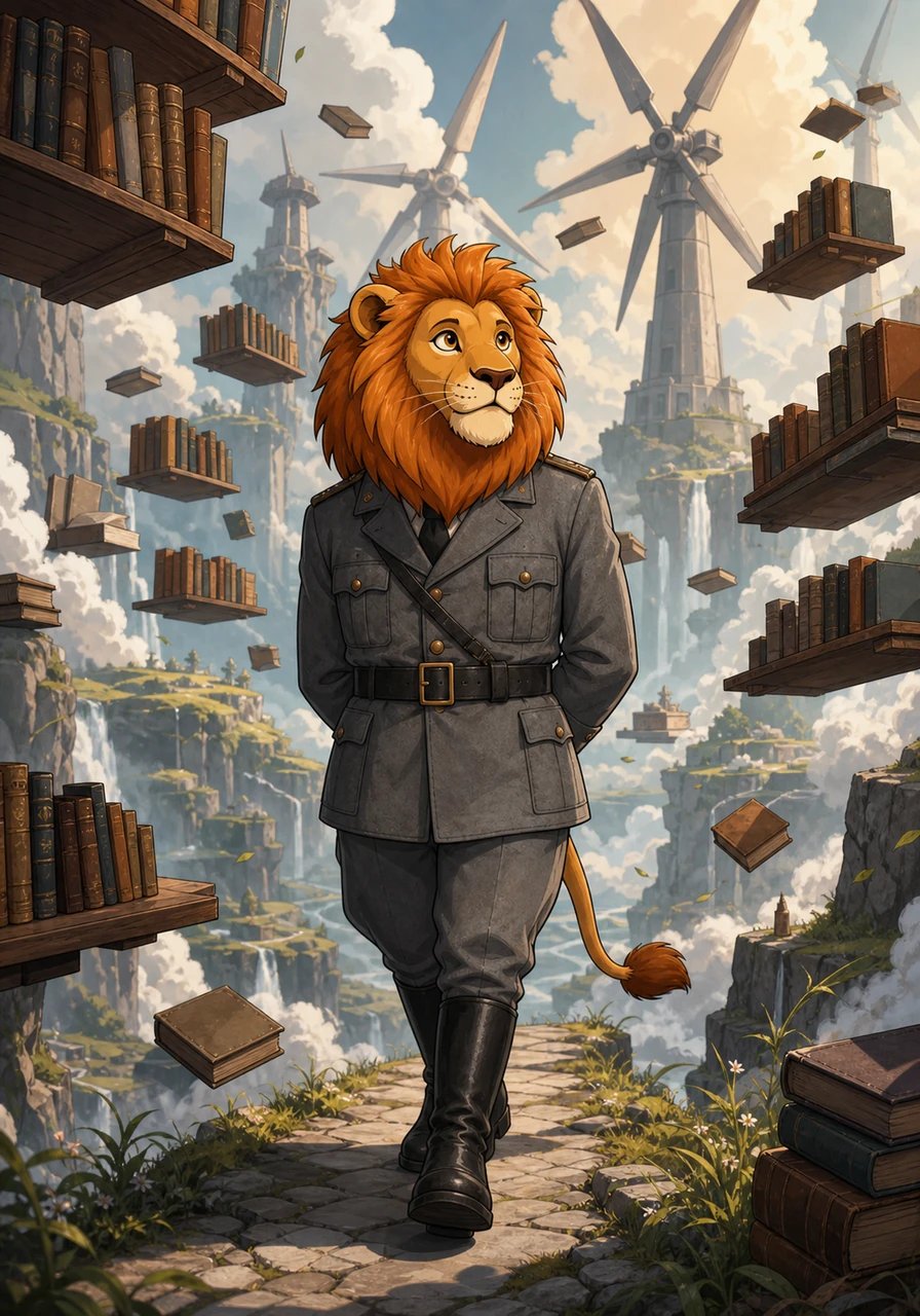 Friedrich wandered into a valley where gravity seemed like a distant memory, past towering windmills whose blades carved silent geometric patterns into the sky. Shelves of leather-bound books drifted effortlessly on gentle air currents, whispering forgotten truths to the clouds. In this strange, allegorical realm, reality was merely a suggestion waiting to be rewritten.