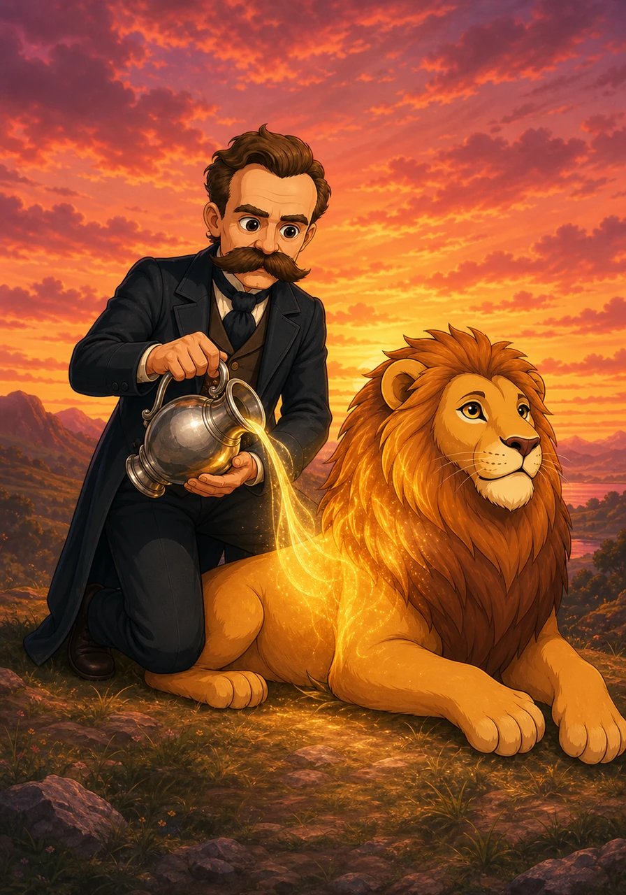 Under a dramatic crimson sunset that painted the horizon in hues of rose and amber, Friedrich knelt beside a majestic lion. With serene composure, the heavy-mustachioed thinker calmly milked the serene beast, gathering the lion's golden essence into a polished silver vessel. The lion rested peacefully, its gaze fixed on the endless horizon as if approving of the quiet harmony.