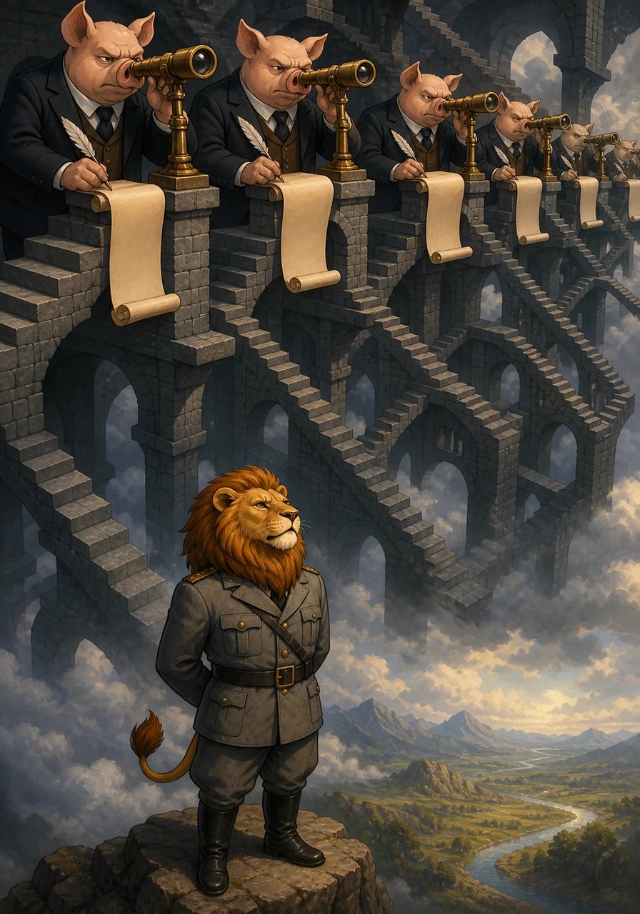 From a safe distance atop impossible stone staircases, a group of well-dressed, anthropomorphic pigs watched the scene unfold through ornate telescopes. They grunted in quiet calculation, jotting notes down on endless scrolls of rigid law. To them, every act of quiet freedom was a rebellion that threatened their meticulously engineered order.