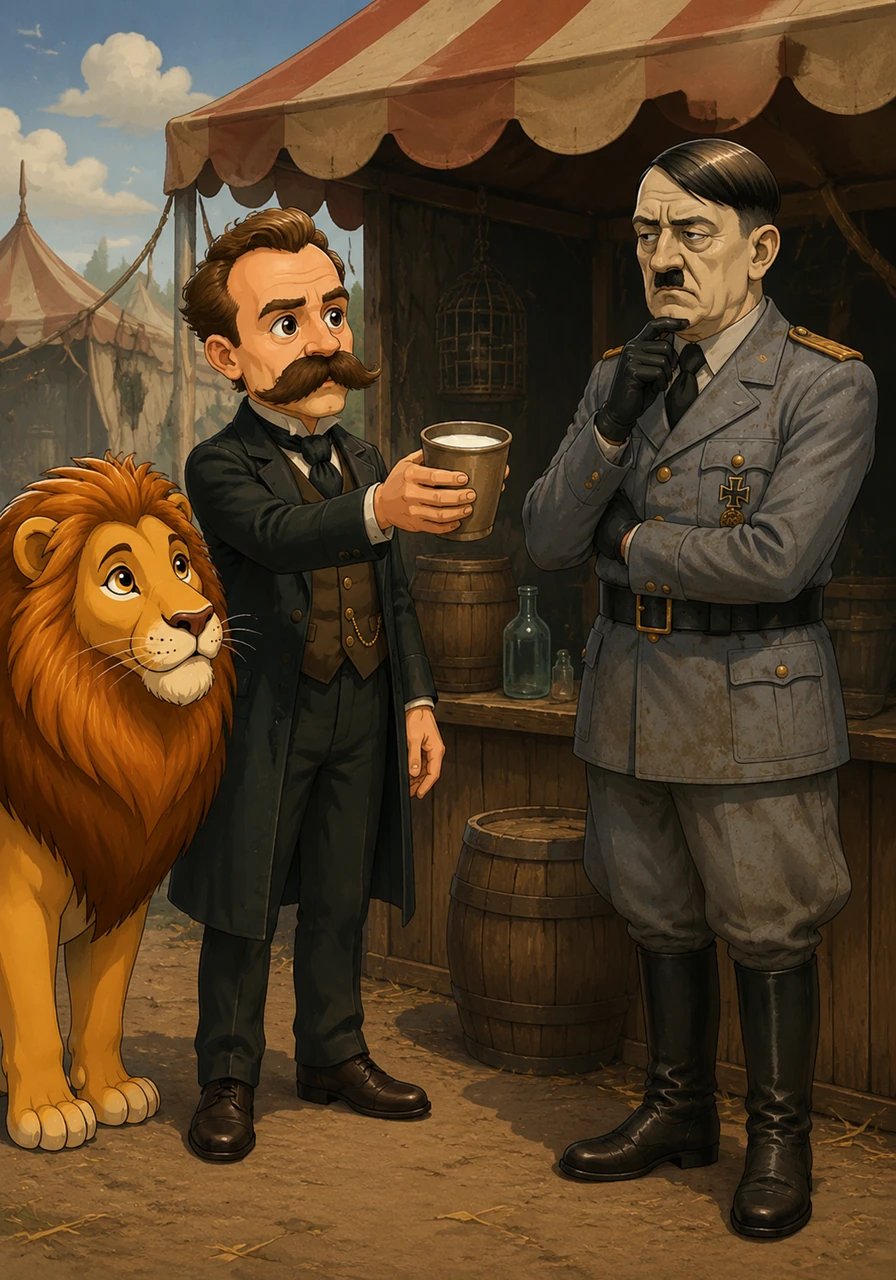 Friedrich approached the bizarre stall, holding out his cup of lion's milk toward the stoic military figure. The dictator hesitated, peering through heavy eyelids at the purest form of vitality offered without price or demand. For a fleeting instant, the cold mechanical hum of authority stuttered against the quiet warmth of raw philosophical truth.