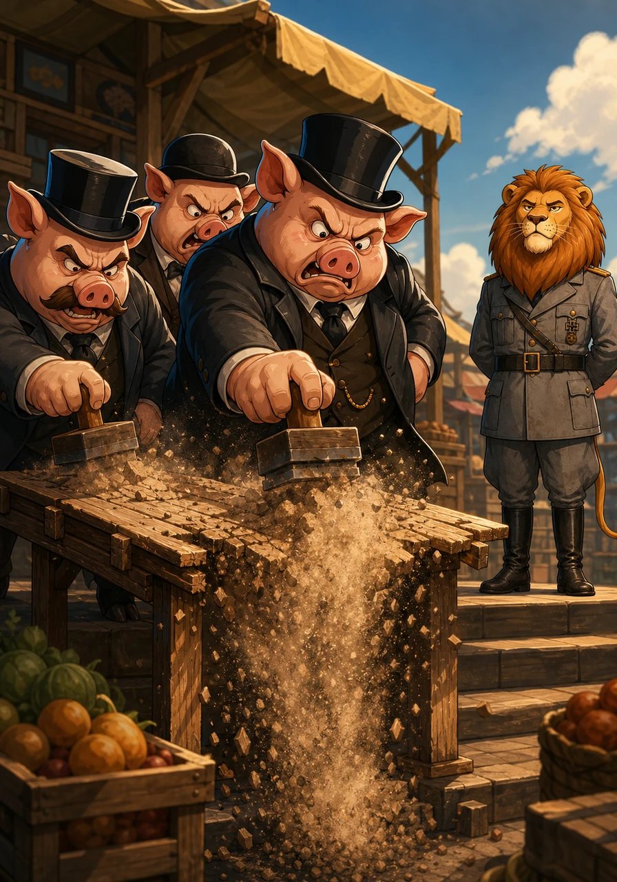 Driven by greed, the porcine leaders marched down from their high perches to seize the market stall for themselves. They stamped official seals onto the wooden counter, trying in vain to place price tags on thought and essence. Yet the harder they grasped, the more the stall dissolved into meaningless dust between their hooves.