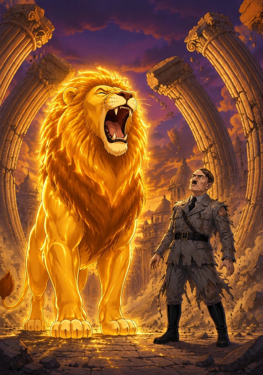 The majestic lion stood up slowly, its regal form glowing like liquid gold against the twilight. It let out a deep, silent roar that shook the foundations of the impossible architecture, causing rigid stone pillars to bow like grass. The dictator's uniform faded into threadbare gray rags as his illusions of grand power unraveled.