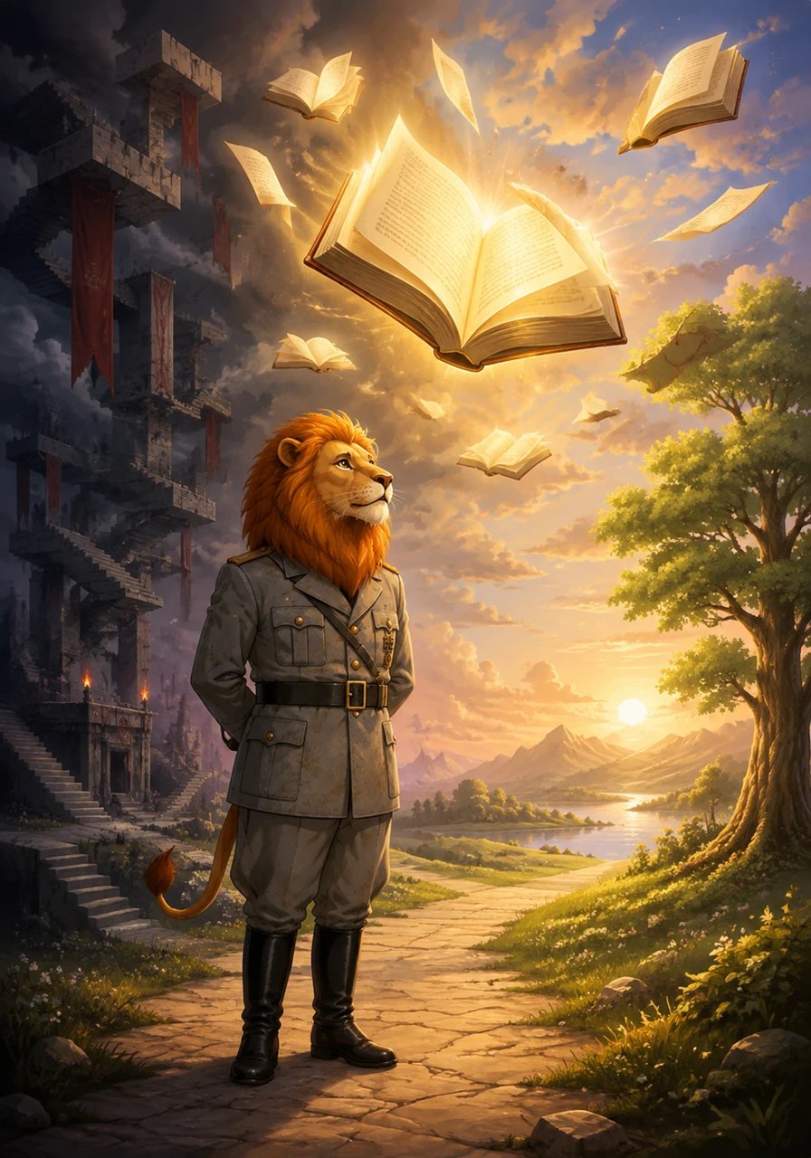 The floating books opened wide, radiating a warm luminescent glow that washed over the dreamscape. The impossible staircases folded back into simple paths, freeing the landscape from the artificial constraints of control. Everything absurd and totalitarian withered away, leaving behind only space for genuine thought and quiet wonder.