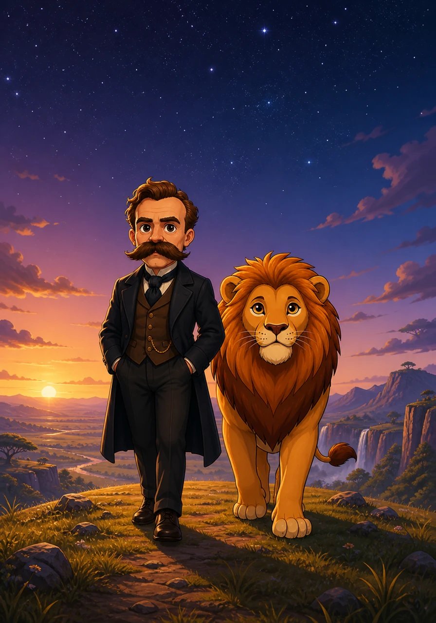 As twilight gave way to a star-filled velvet night, Friedrich walked alongside his regal lion toward the edge of the horizon. Behind them, the strange world rested in peace, liberated from tyrants and bureaucratic pigsties. Together, thinker and beast stepped forward into the boundless realm of untamed freedom.