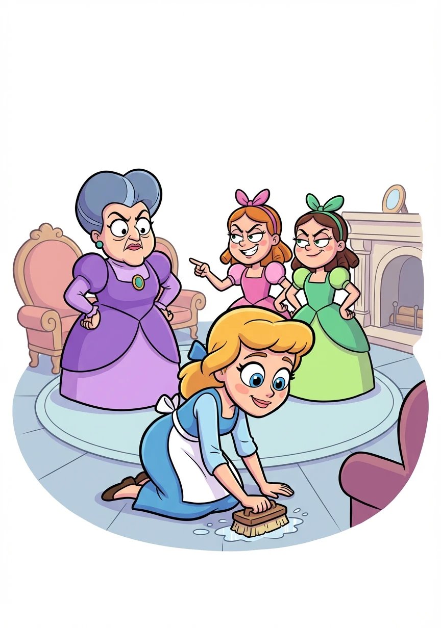 Once upon a time, in a grand old house, lived a beautiful girl named Ella. She lived with her cruel stepmother and two stepsisters who made her life miserable.