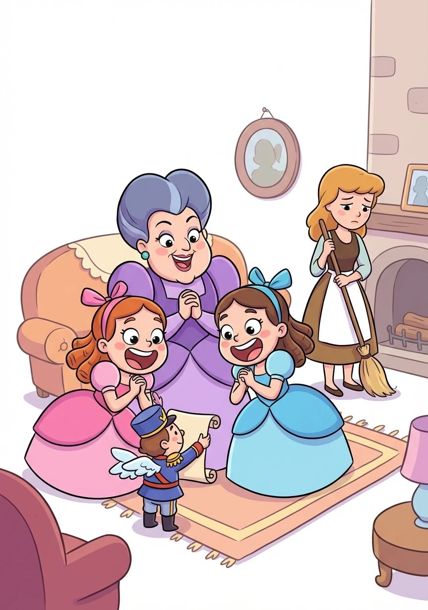One day, an invitation arrived at their house. The Prince was holding a grand ball to find a wife. The stepmother and stepsisters were thrilled, but Cinderella was left behind.