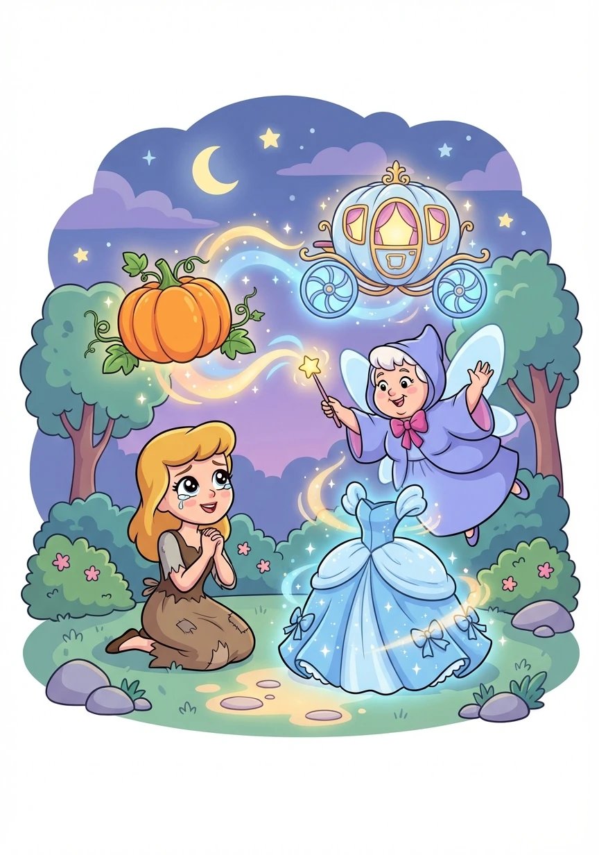 Cinderella was heartbroken. Suddenly, a fairy godmother appeared! With a wave of her wand, she transformed a pumpkin into a carriage and Cinderella's rags into a beautiful gown.