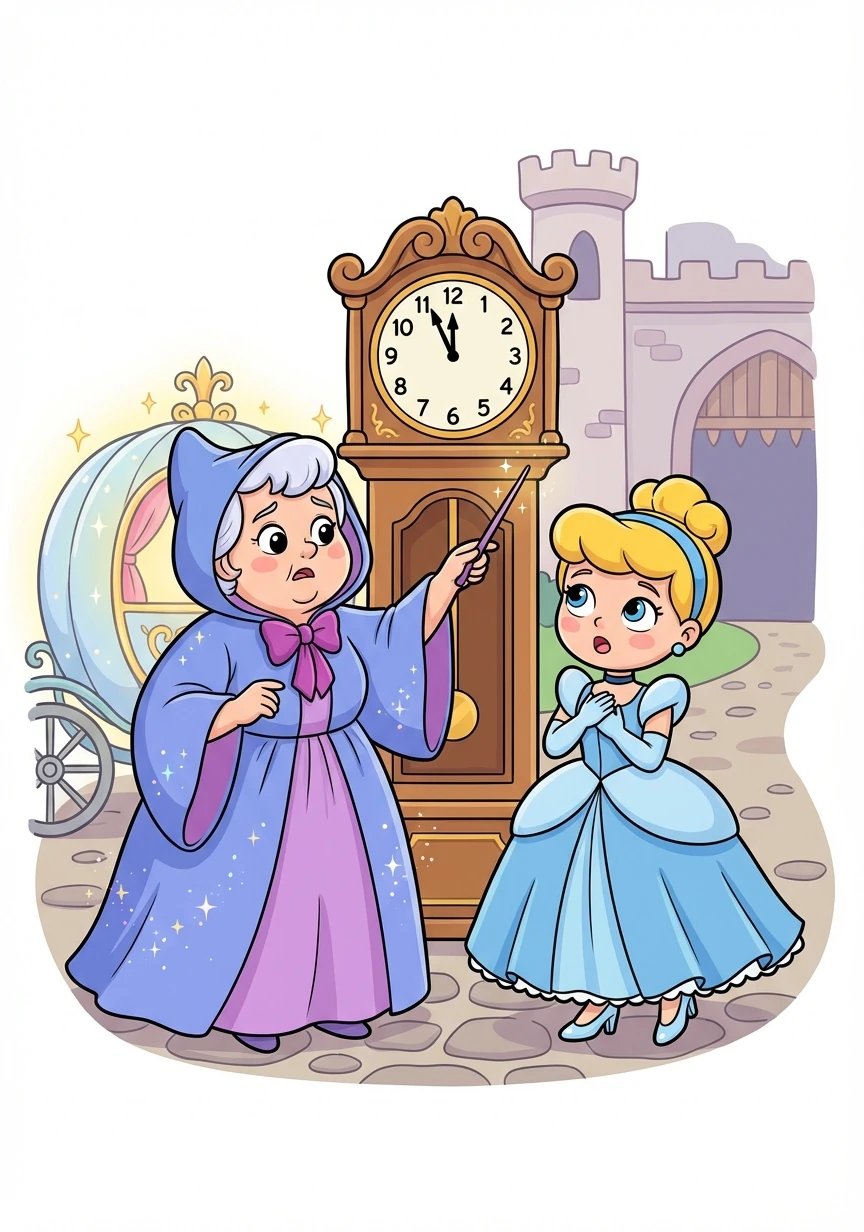 The fairy godmother warned Cinderella that the magic would only last until midnight. Cinderella promised to return before the clock struck twelve.