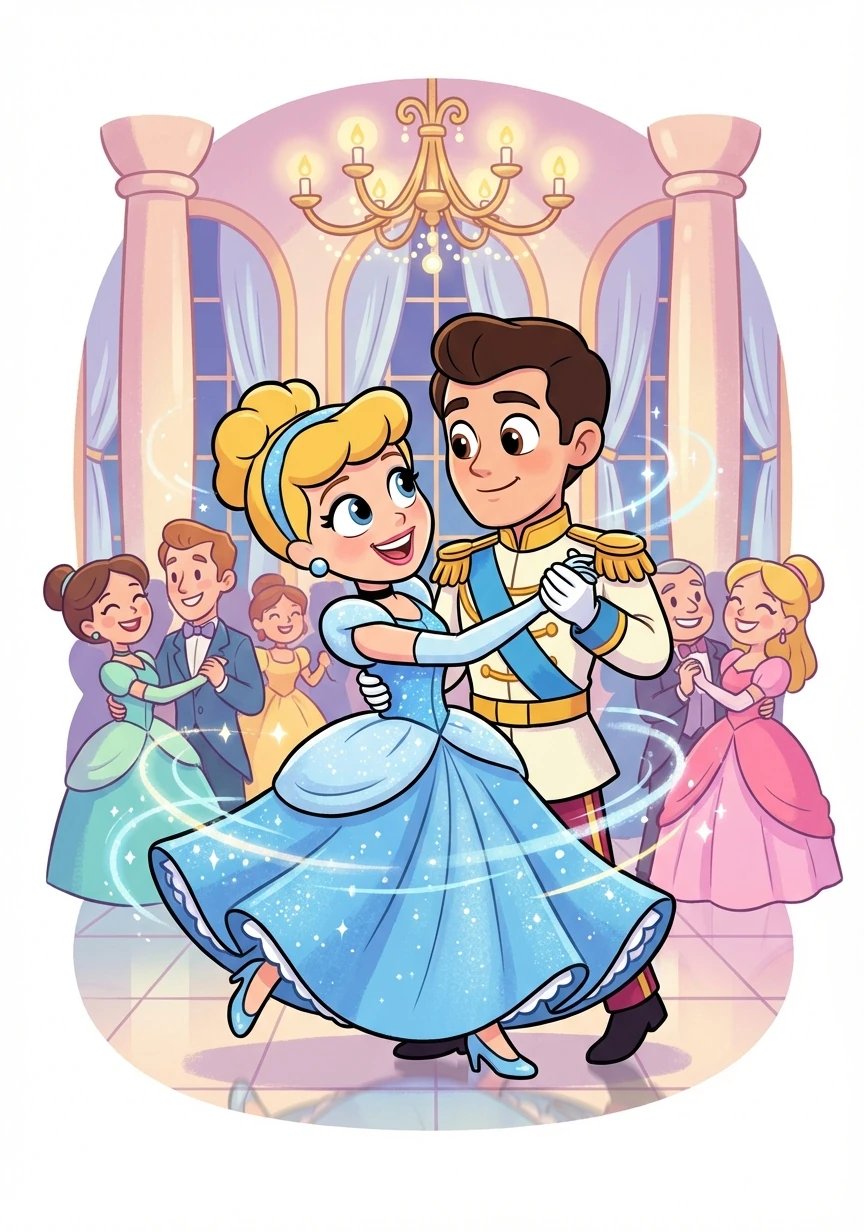 At the ball, Cinderella's beauty and grace captivated everyone, especially the Prince. They danced the night away, lost in each other's eyes.
