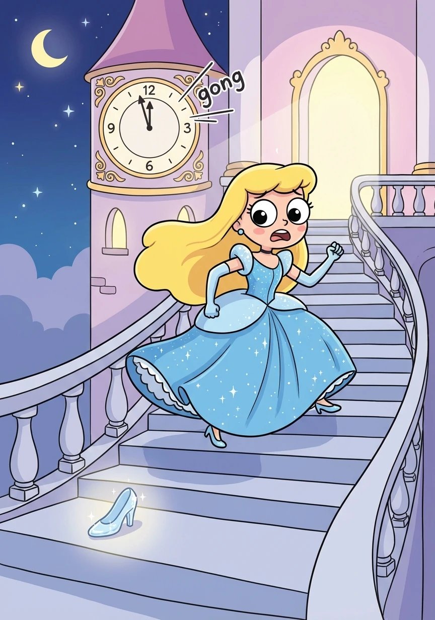 As the clock began to strike midnight, Cinderella remembered her promise. She rushed out of the palace, losing one of her glass slippers on the stairs.