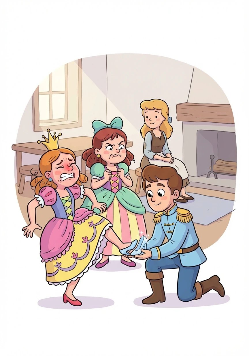 The Prince searched the kingdom, trying the slipper on every woman. Finally, he arrived at Cinderella's house. The stepsisters tried to squeeze their feet into the slipper, but it wouldn't fit.