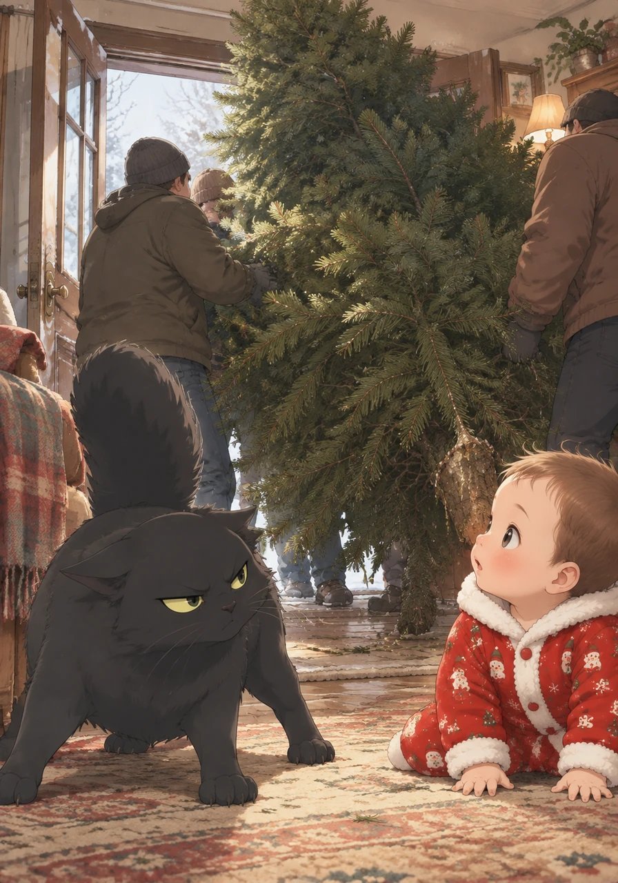 One chilly December afternoon, the front door burst open and the humans dragged in a colossal green intruder. It was a towering pine tree dripping with sap and bristling with sharp, prickly needles. Mistigri flattened his ears and narrowed his eyes, instantly suspecting this giant beast had arrived to usurp his throne.