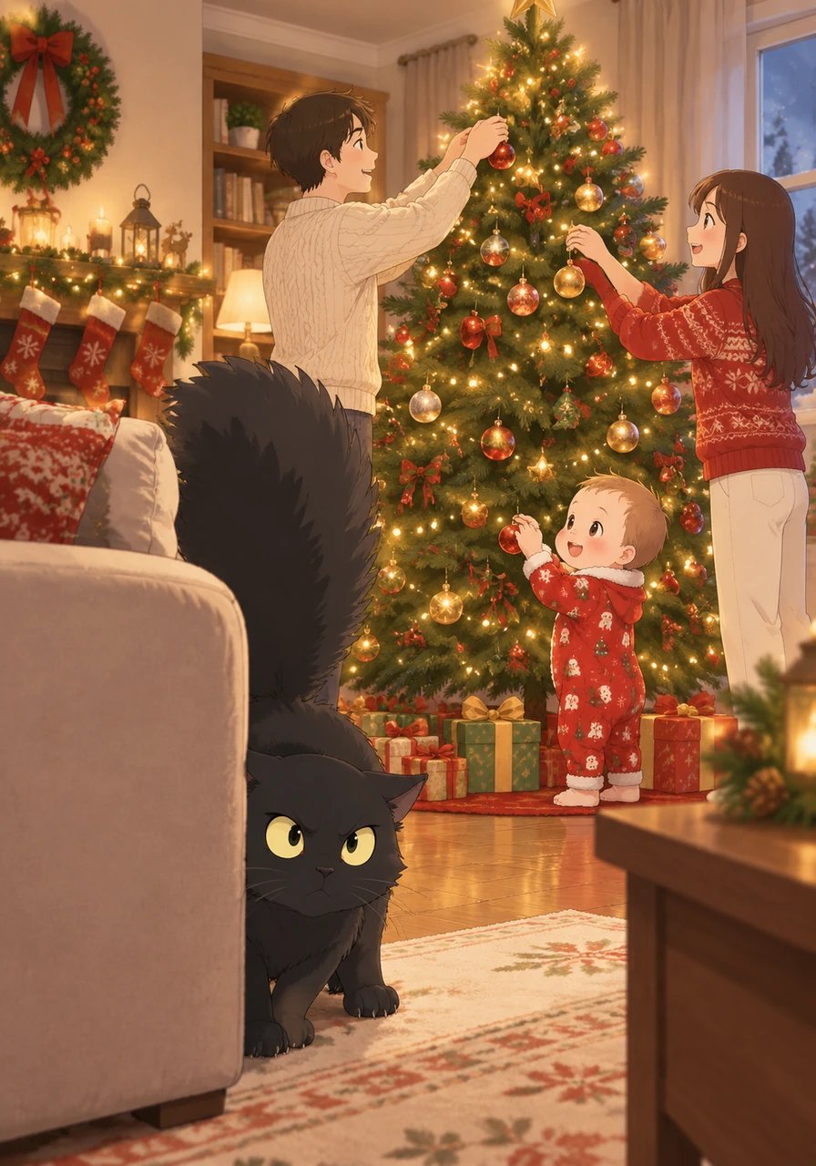 Peering cautiously from behind the couch, Mistigri observed the mysterious creature as the family hung twinkling lights and shiny baubles on its branches. The strong scent of pine filled the air, confirming his dark suspicion that this was a dangerous plant monster. He puffed out his tail and vowed to defend his kingdom at all costs.