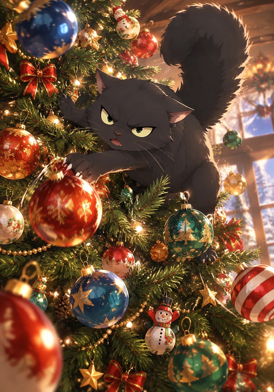 Realizing a ground attack was insufficient, Mistigri prepared to scale the leafy beast and strike from above. He leaped gracefully into the lower branches, causing bright glass ornaments to clatter and swing dramatically. The cat swatted furiously at the colorful balls, convinced they were the creature's glowing defensive weapons.
