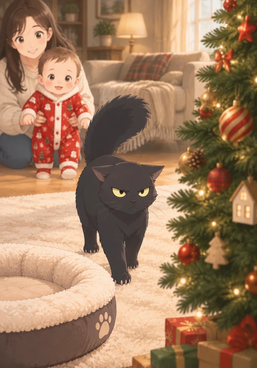 Before he could conquer the peak, his human gently scooped him up with a chuckle and placed him back on the rug. Mistigri stalked back to his cushion, flicking his tail in frustration while keeping a stern gaze on the pine intruder. He needed a far more clever strategy to outsmart this stubborn green giant.