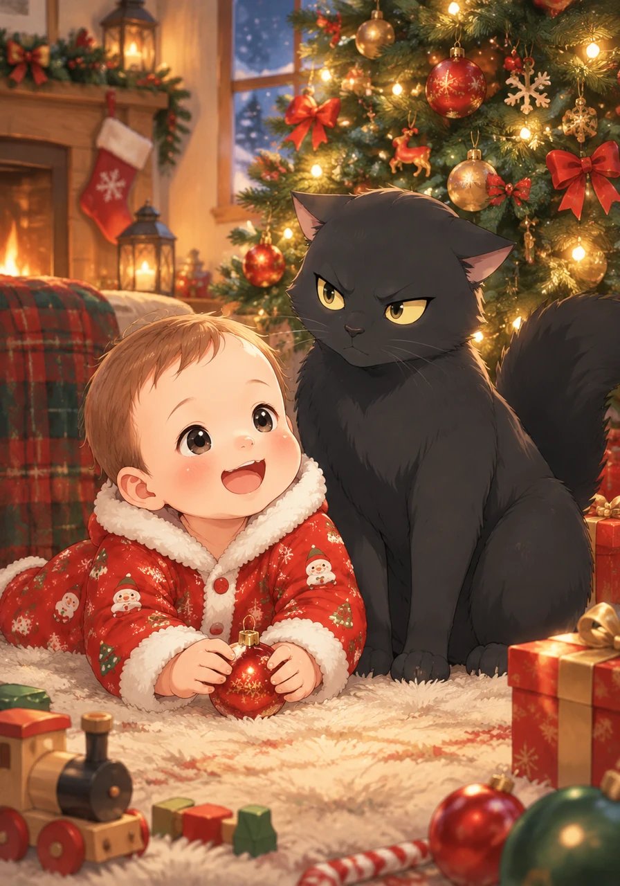 On Christmas Eve, warmth filled the room as soft music played and the family baby giggled happily on the rug below. Mistigri sat nearby on high alert, his golden eyes darting between the innocent infant and the shimmering tree above. Even during festive celebrations, a devoted feline guardian could never lower his guard.