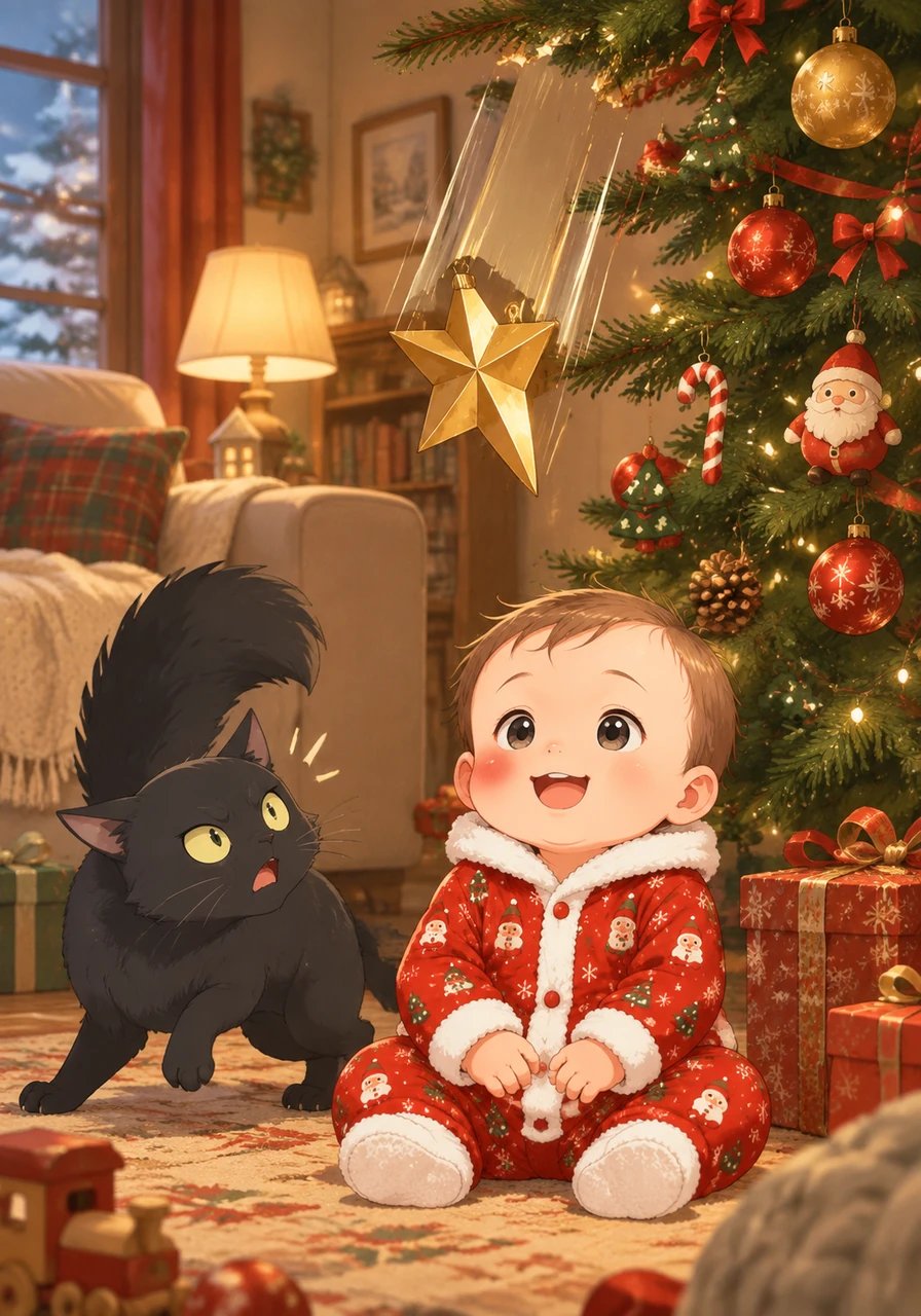 Without warning, a loud snap echoed through the living room as the heavy golden star at the top of the tree wobbled. The gleaming ornament detached from its branch and plummeted directly toward the unaware baby sitting underneath. Time seemed to slow down as the sharp star fell rapidly through the air.