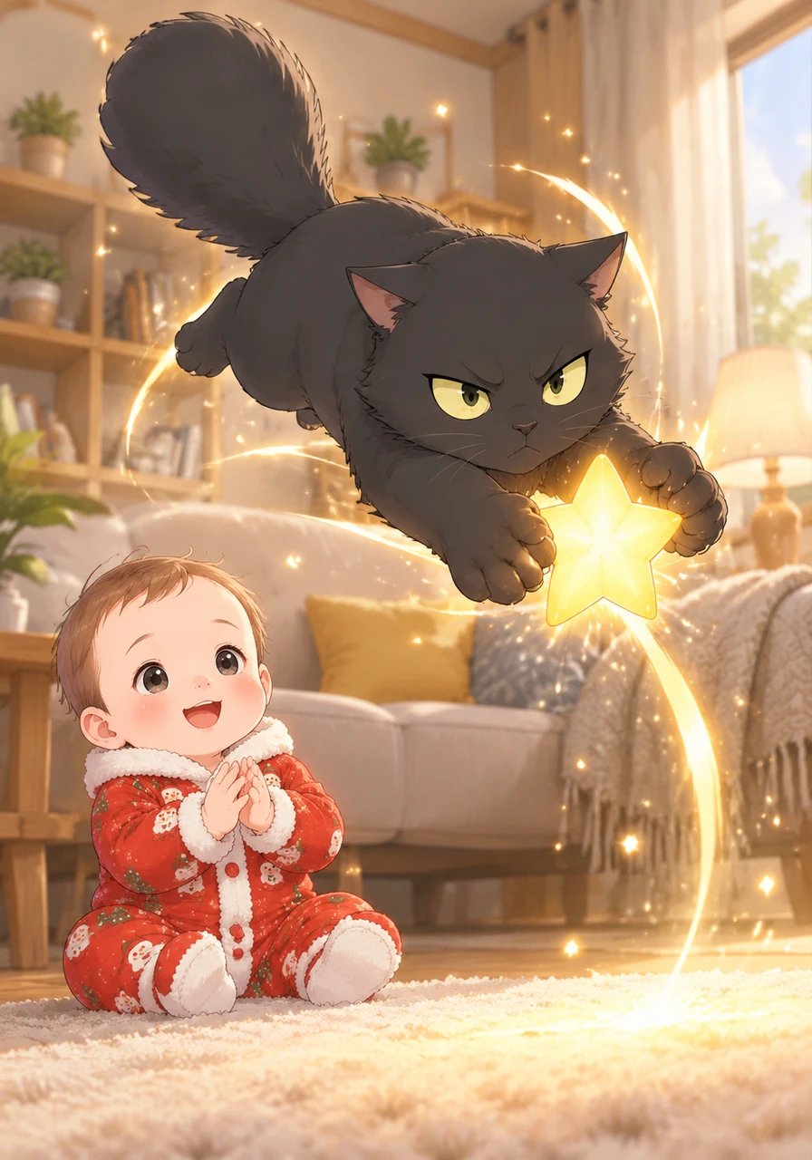 In a burst of pure heroic instinct, Mistigri launched himself off the floor in a magnificent high leap. He soared through the air and caught the falling golden star between his paws, safely deflecting it onto the soft carpet. The baby clapped with joy, completely unaware of the danger that had just passed.