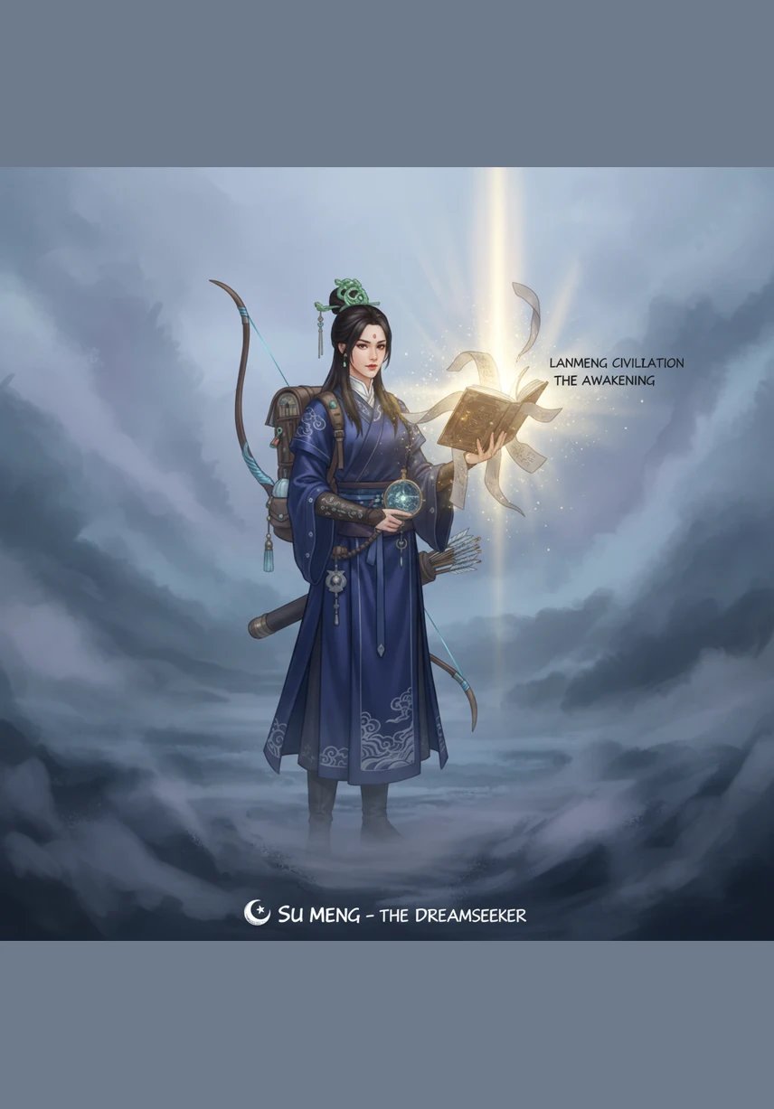溯梦静立在雾气氤氲的梦海之滨，手中那本古老的《雾书》正缓缓开启。随着书页的翻动，初生的光芒刺破了混沌，宣告着澜梦文明在这片无尽的虚幻中觉醒。