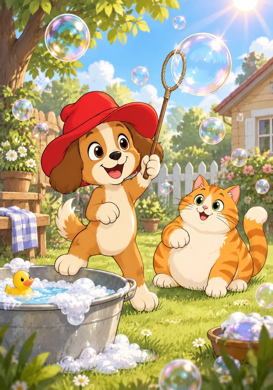 Pip is a little dog with a big red hat. Today, Pip has a tub of soap and a stick in the bright sun. He is ready to play in the yard.
