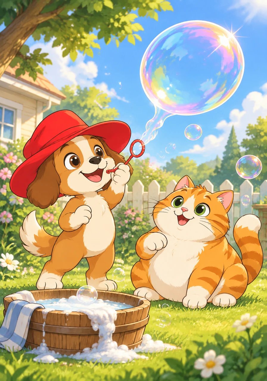 Pip dips the stick into the wet tub. He blows gently, and out pops a big shiny bubble! The bubble floats up, up, up into the air.