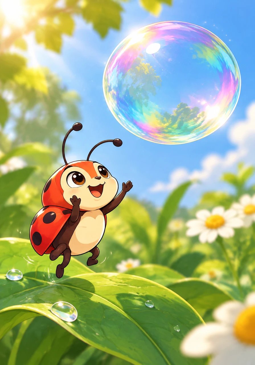 A tiny red bug sits on a green leaf. The red bug looks up and sees the big bubble float by. The bug gives a happy little hop.