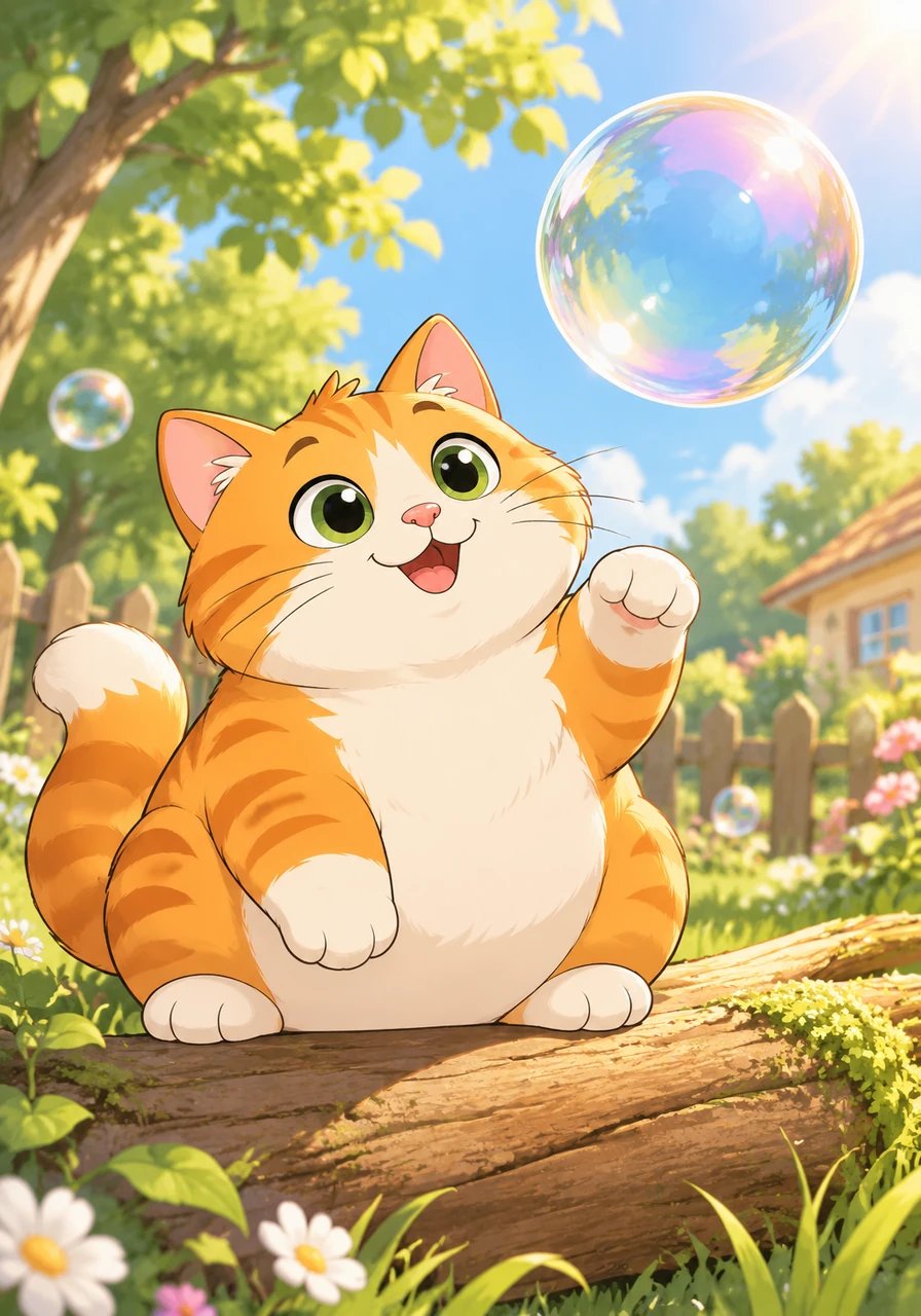 The big bubble flies past Sam the fat cat. Sam is sitting on a warm log in the sun. Sam opens his eyes wide and watches the bubble drift away.