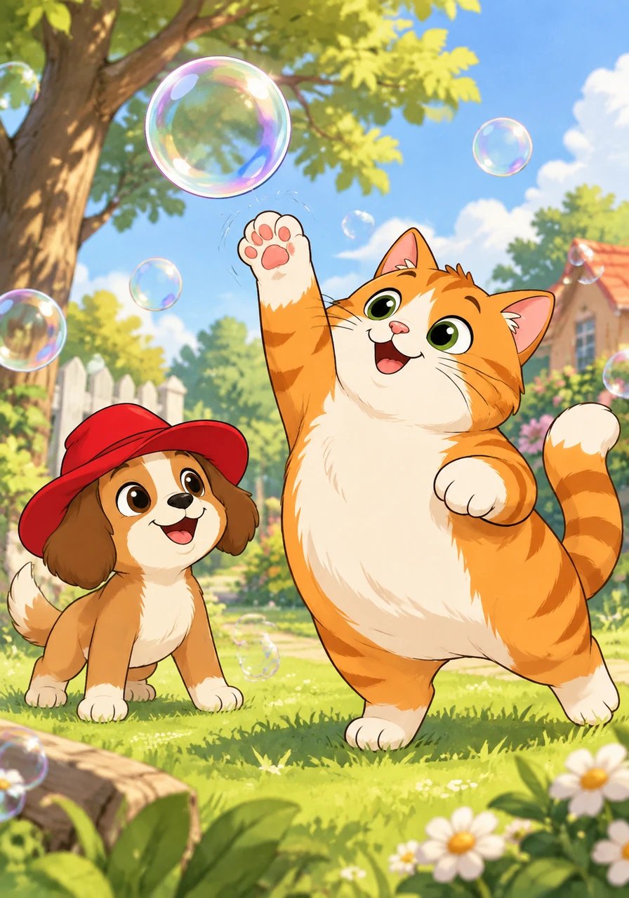 Sam reaches out a paw to pat the smooth bubble. He reaches high, but his paw misses! The bubble keeps spinning softly in the air.